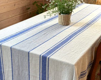 Heavy Linen Tablecloth : French Blue Striped Rustic Style, OEKO-TEX Certified