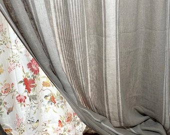 French Style Natural Heavy Linen Curtain – Grey Striped Panel