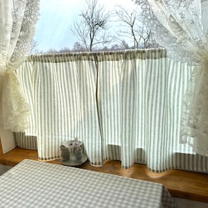Green Striped Linen Cafe Curtains, 100% natural Linen, Farmhouse Style for Kitchen, Bathroom Curtains