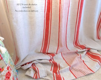 Heavy Linen Curtain - Franch Style - Natural Red Striped Panel