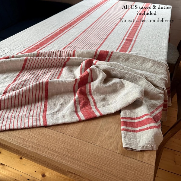 Heavy Linen Tablecloth : French Striped Rustic Style, OEKO-TEX Certified