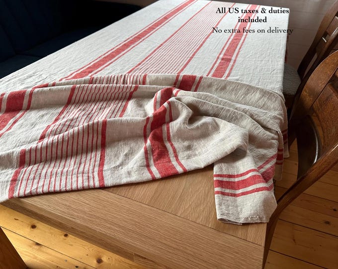 Heavy Linen Tablecloth : French Striped Rustic Style, OEKO-TEX Certified