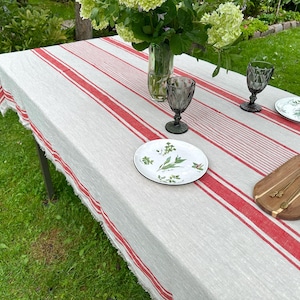 Heavy Linen Tablecloth Raw Edge, French Style Striped Washed Rustic Linen Tablecloth