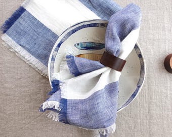 Coastal Striped Linen Napkins: Raw Edge, Navy and White