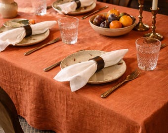 Mantel de lino color terracota polvoriento, lino natural hecho a mano, acogedor comedor rústico, decoración de estilo rústico.