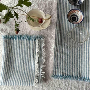 Striped Linen Napkins Raw Edge Napkins Dinner Napkins Linen Cloth