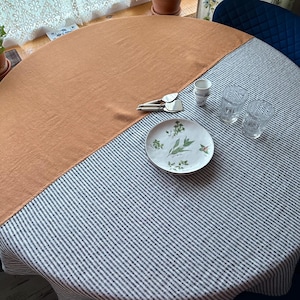 Two-colour Linen Tablecloth for Dining Table Brown and Striped Tablecloth.