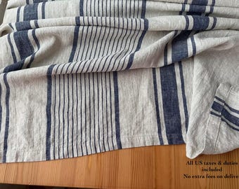 Heavy Linen Tablecloth : French Striped Coastal Style, Stonewashed