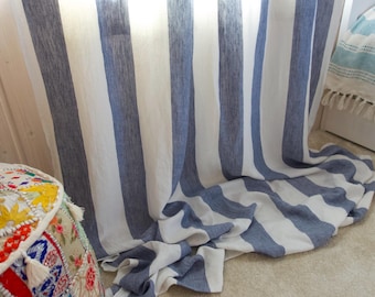 Panel de cortinas de lino con rayas costeras en azul y marfil, cortinas de lino suave