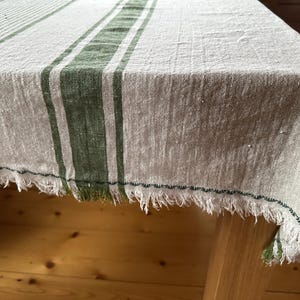 Heavy Linen Tablecloth Raw Edge with embroidery, French Style Striped Washed Rustic Linen Tablecloth