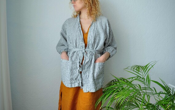 Linen kimono jacket for woman, loose blazer with pockets, summer kimono