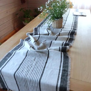 French Style Striped Linen Table Runner, Heavyweight Natural Flax Table Decor