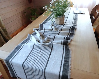 French Style Striped Linen Table Runner, Heavyweight Natural Flax Table Decor