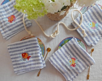 Embroidered Striped Linen Napkin: Coastal design featuring fish, Dinner Cloth Napkins in Nautical Style