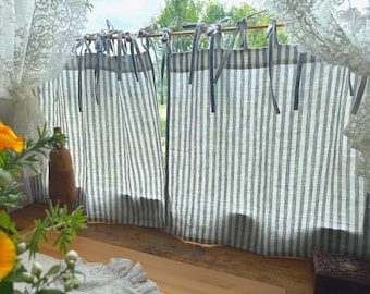 Blue Striped Linen Cafe Curtains: Farmhouse Kitchen & Bathroom