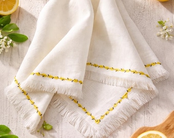 Servilleta de lino mediterránea con bordado de limones: decoración de mesa de verano costero - Servilletas de lino personalizadas