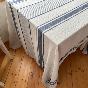 Heavy Linen Tablecloth / French Style Striped Rustic Linen Table Cloth / Washed Natural Linen Tablecloth