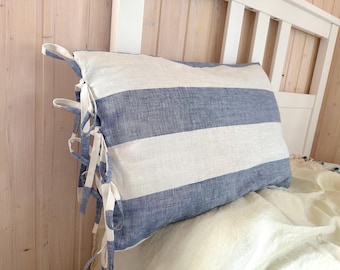 Funda de almohada de lino con lazos - Decoración a rayas costeras