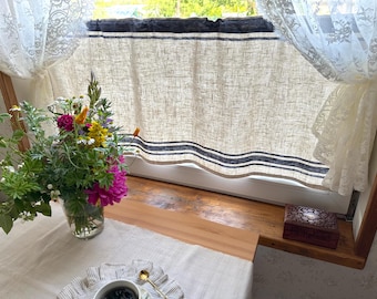 Cortinas de lino rústico francés para cafetería / Lino 100 % natural / Cortina de cocina a rayas
