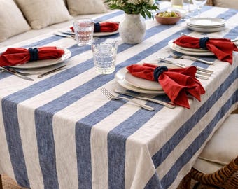 Mantel de lino a rayas: estilo costero, borde sin rematar - Hecho a mano