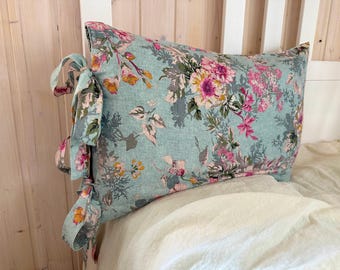Funda de almohada de lino floral con lazos - Decoración rústica francesa estilo cottagecore