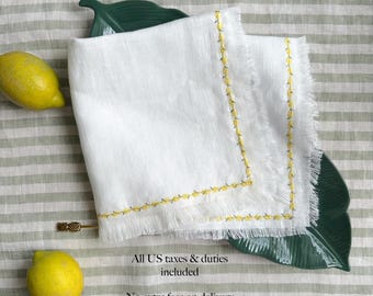 Mediterranean Linen Napkin with Lemon Stitching – Coastal Summer Table Setting - Custom Linen Napkins