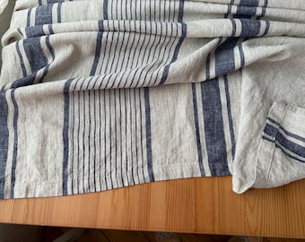 Heavy Linen Tablecloth : French Striped Rustic Style, Stonewashed