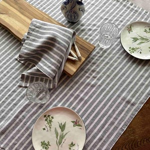 Striped Charcoal Linen Tablecloth Square, Rectangular Table Linen from Washed Linen Many Colours