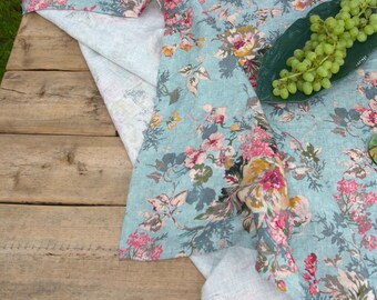 Mantel de lino floral: decoración de mesa turquesa estilo cottagecore vintage