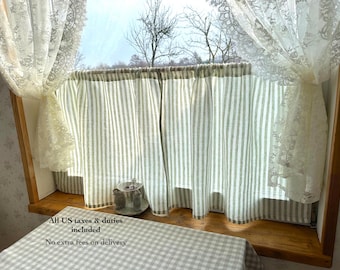 Green Striped Linen Cafe Curtains: Farmhouse Kitchen Curtains
