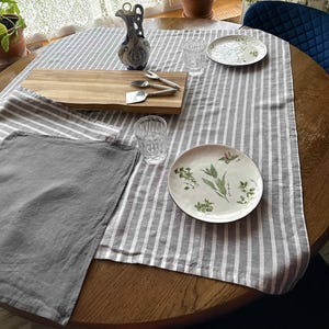 Striped Linen Tablecloth: Charcoal Grey, Nautical Design, Washed Linen
