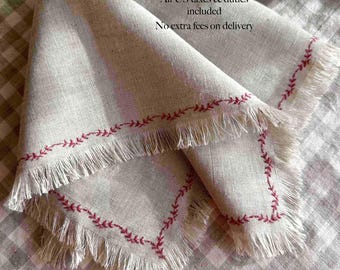 Handmade Linen Napkin: Christmas Red Embroidery, Raw Edge
