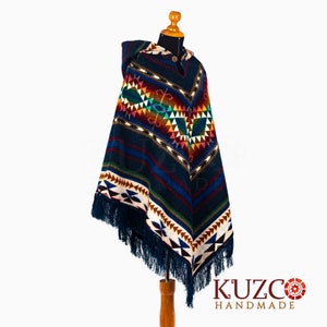 Native alpaca poncho. Alpaca poncho. Blue. Ecuadorian poncho. Unisex alpaca poncho. Womens poncho. Hooded poncho. Hippie Poncho zdjęcie 1