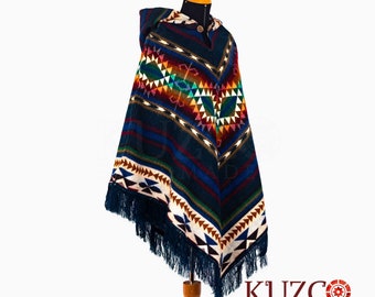 Poncho en alpaga indigène. Poncho en alpaga. Bleu. Poncho équatorien. Poncho unisexe en alpaga. Poncho pour femme. Poncho à capuche. Poncho hippie