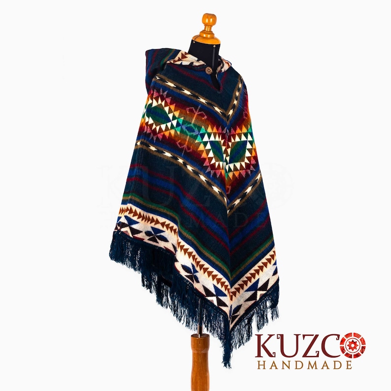 Native alpaca poncho. Alpaca poncho. Blue. Ecuadorian poncho. Unisex alpaca poncho. Womens poncho. Hooded poncho. Hippie Poncho zdjęcie 1