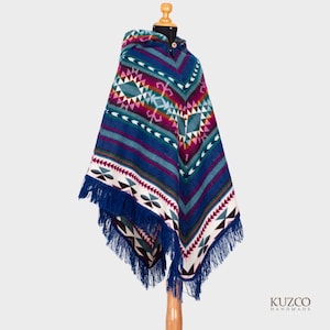 Native alpaca poncho. Alpaca poncho. Blue. Ecuadorian poncho. Unisex alpaca poncho. Womens poncho. Hooded poncho. Hippie Poncho