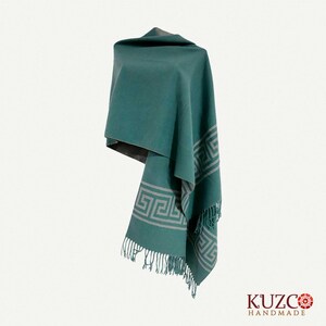 Reversible Alpaca Shawl, Green and Gray Wrap, Soft Alpaca Wool Scarf for Women, Handmade Winter Accessory, Elegant Warm Gift