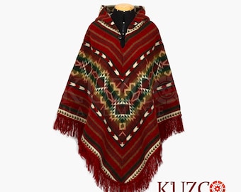 Poncho in stile tribale rosso americano, poncho ecuadoriano, poncho nativo, poncho con cappuccio in lana di alpaca, poncho alpaca nativo, poncho unisex, tponcho