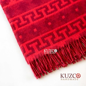 Nice, big and cozy alpaca wool blanket, dark red and bright red.  Alpaca Wool Sofa Blanket. Wool sofa / bed blanket. Organic Baby Blanket