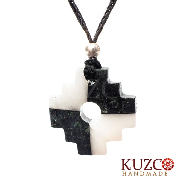 Dark and white Chakana Inca Cross Necklace, Peruvian Chakana Necklace, Pendant Chakana, two color stone, Chakana Inca Cross Necklace