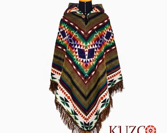 Boho style poncho. Unisex alpaca poncho. Alpaca wool poncho. Poncho. Colorful brown. Native alpaca poncho. Womens poncho. Hooded poncho