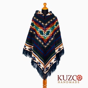 Native alpaca poncho. Alpaca poncho. Blue. Ecuadorian poncho. Unisex alpaca poncho. Womens poncho. Hooded poncho. Hippie Poncho zdjęcie 2