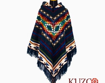 Poncho van inheemse alpaca. Alpaca-poncho. Blauw. Ecuadoriaanse poncho. Uniseks alpaca-poncho. Damesponcho. Poncho met capuchon. Hippieponcho