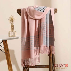Reversible Alpaca Shawl, Soft Pink and Gray Wrap, Winter Scarf for Women, Warm and Lightweight Gift, Fall Winter Fashion