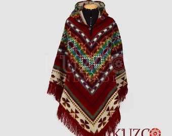 Red native poncho, Red American tribal style poncho, Ecuadorian poncho, alpaca wool hooded poncho, native alpaca poncho, unisex poncho