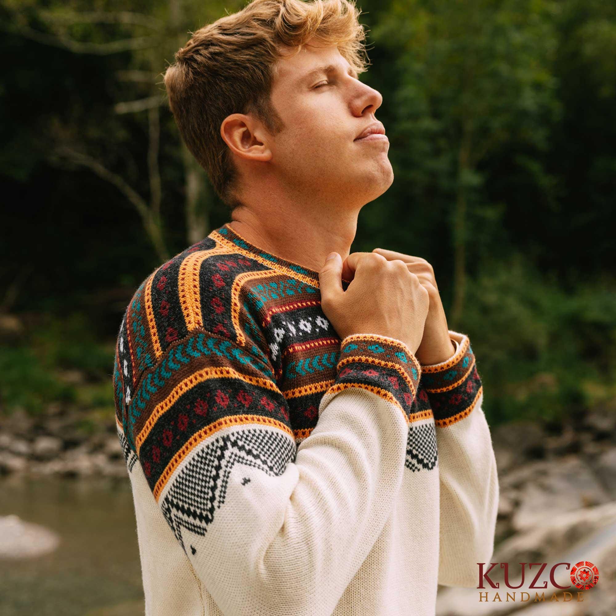 Men's Alpaca Sweater, Warm Wool Pullover, Peruvian Knitted Sweater, Cozy Inca Style Sweater
