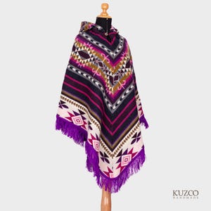 Ecuadorian Poncho, Native Alpaca Poncho, Unisex Hooded Poncho, American Tribal Poncho, Andean Wool Poncho, Handmade Purple Alpaca Poncho