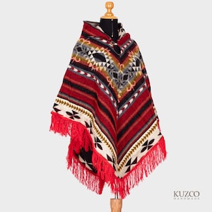 Poncho estilo tribal americano, poncho ecuatoriano, poncho nativo rojo, poncho con capucha de lana de alpaca, poncho de alpaca nativa, poncho unisex, poncho