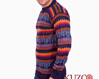 Men Alpaca Sweater, Alpaca sweater with Llama figures, Unisex alpaca sweater with round neck, Alpaca wool pullover