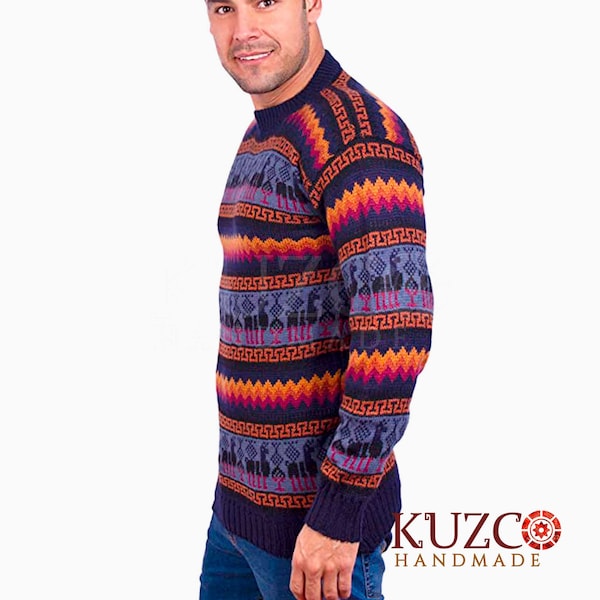 Maglione alpaca da uomo, maglione alpaca con figure di lama, maglione alpaca unisex con collo rotondo, pullover in lana alpaca